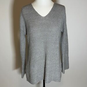 Calvin Klein Gray Wool Blend Metallic Knit Flare Sleeve Sweater Womens Sz Medium